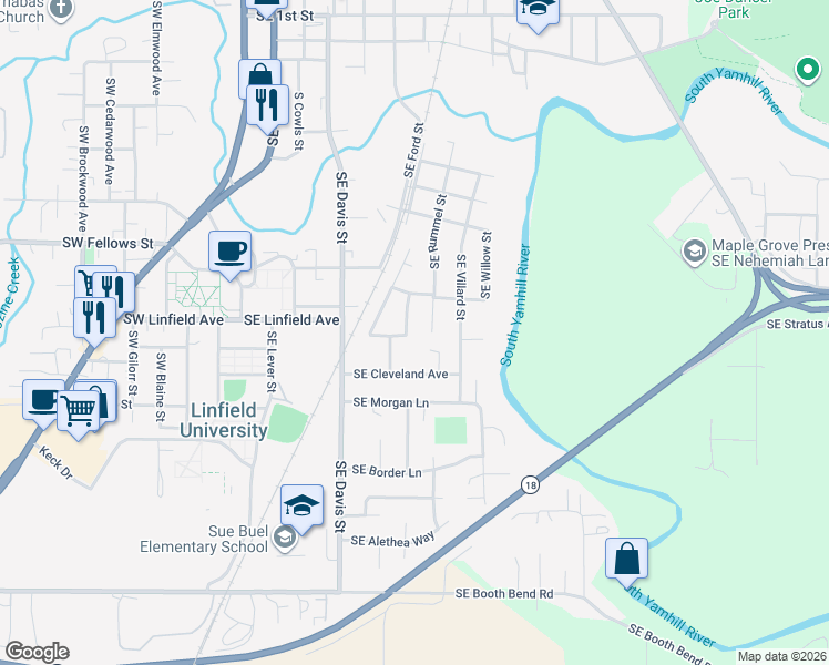 map of restaurants, bars, coffee shops, grocery stores, and more near 668 Southeast Jack Avenue in McMinnville