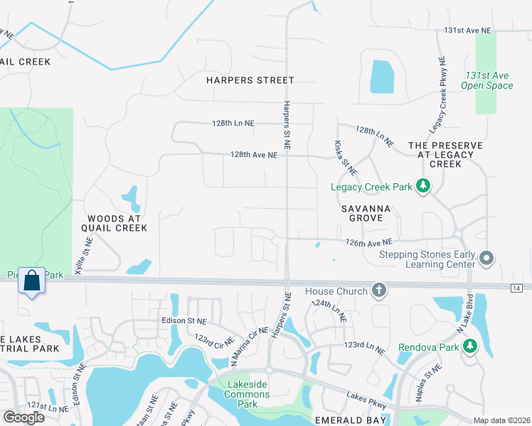 map of restaurants, bars, coffee shops, grocery stores, and more near 12600 Harpers Street Northeast in Blaine