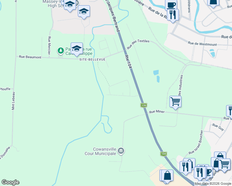 map of restaurants, bars, coffee shops, grocery stores, and more near 122 Rue Orléans in Cowansville