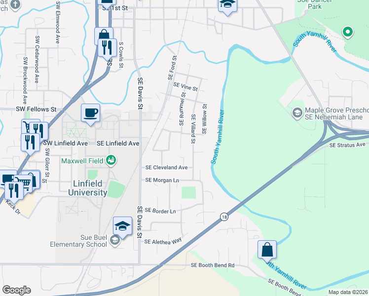 map of restaurants, bars, coffee shops, grocery stores, and more near 725 Southeast Cleveland Avenue in McMinnville