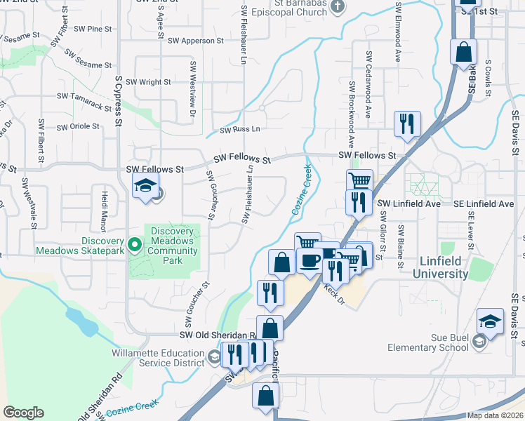 map of restaurants, bars, coffee shops, grocery stores, and more near 1255 Southwest Hilary Court in McMinnville