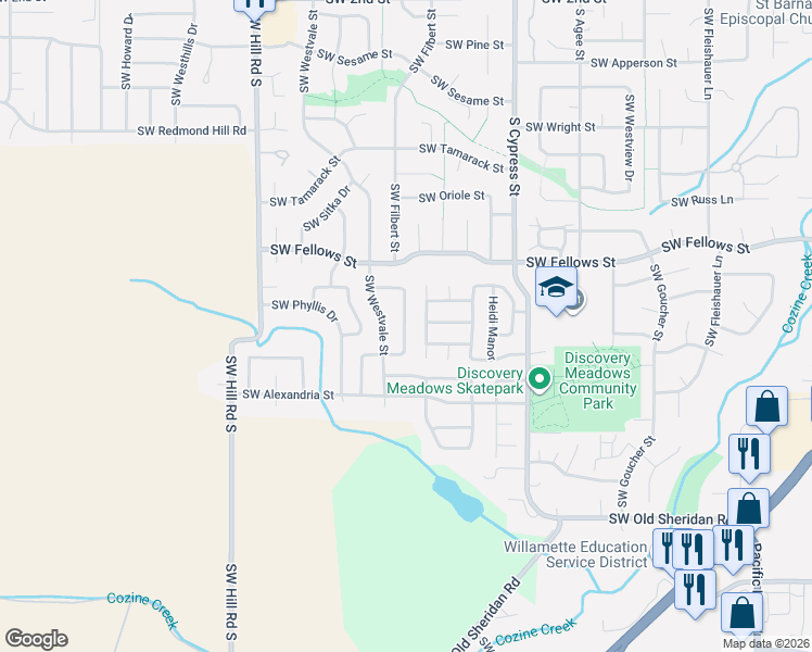 map of restaurants, bars, coffee shops, grocery stores, and more near 29 Heidi Manor in McMinnville