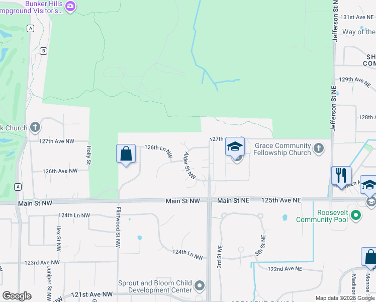 map of restaurants, bars, coffee shops, grocery stores, and more near 12619 Alder Street Northwest in Minneapolis
