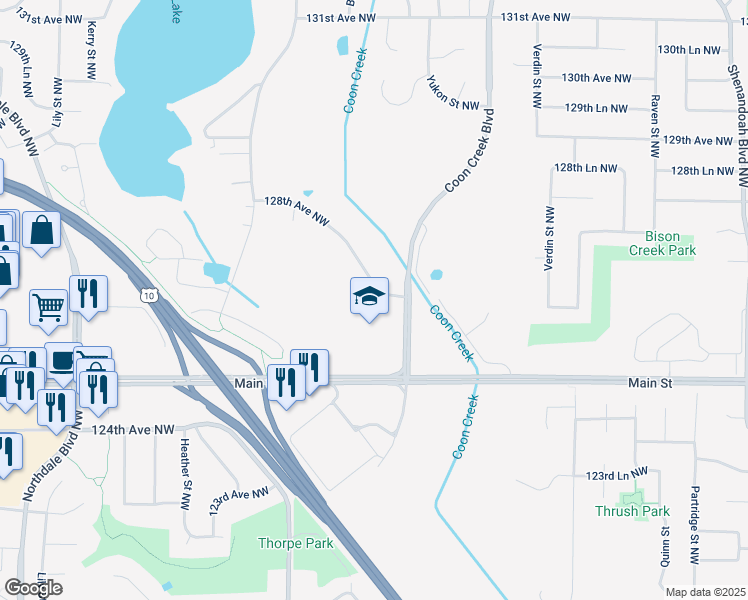map of restaurants, bars, coffee shops, grocery stores, and more near 2650 128th Avenue Northwest in Coon Rapids