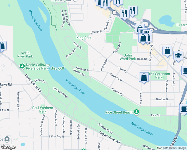 map of restaurants, bars, coffee shops, grocery stores, and more near 1729 West Lane in Anoka