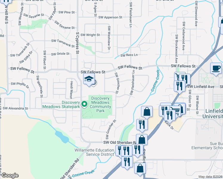 map of restaurants, bars, coffee shops, grocery stores, and more near 1534 Southwest Hilary Street in McMinnville
