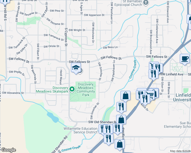 map of restaurants, bars, coffee shops, grocery stores, and more near 1545 Southwest Hilary Street in McMinnville