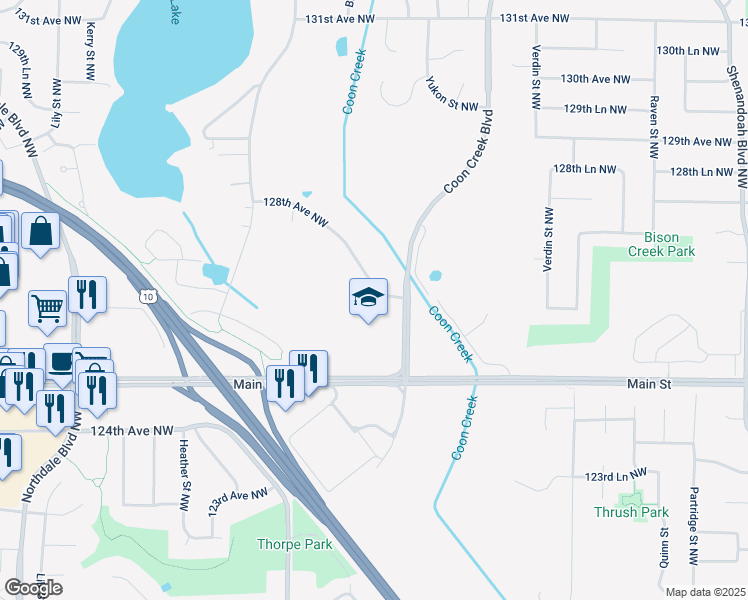 map of restaurants, bars, coffee shops, grocery stores, and more near 2650 128th Avenue Northwest in Coon Rapids
