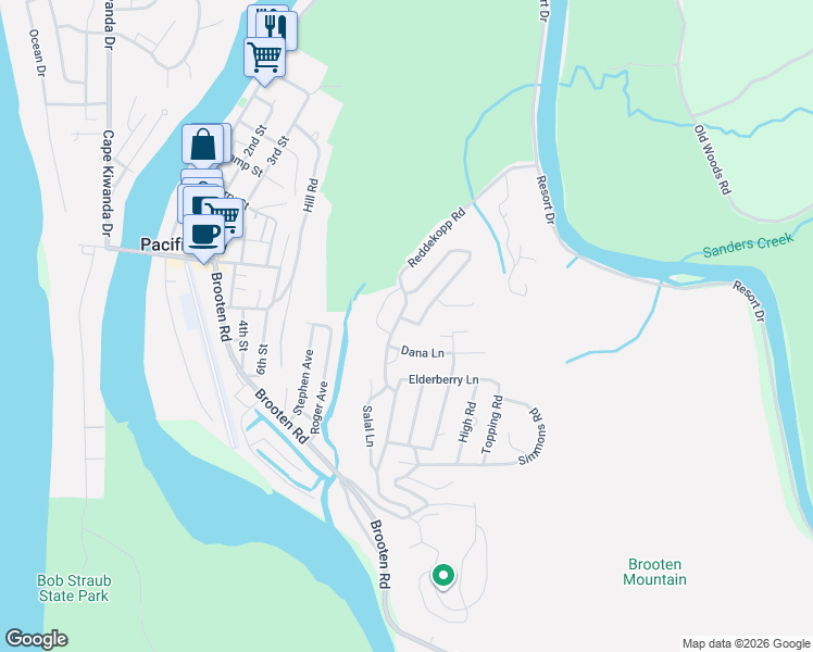map of restaurants, bars, coffee shops, grocery stores, and more near 7220 Dana Lane in Pacific City