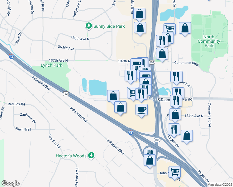 map of restaurants, bars, coffee shops, grocery stores, and more near 21900 South Diamond Lake Road in Rogers