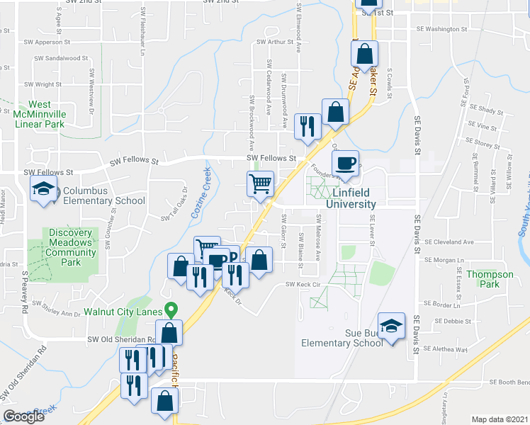map of restaurants, bars, coffee shops, grocery stores, and more near 1224 Pacific Highway West in McMinnville