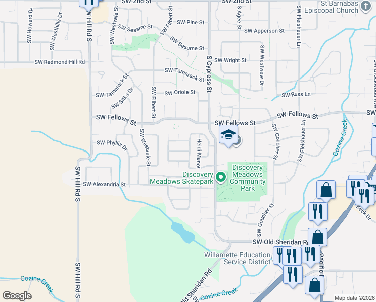 map of restaurants, bars, coffee shops, grocery stores, and more near 1145 South Cypress Street in McMinnville