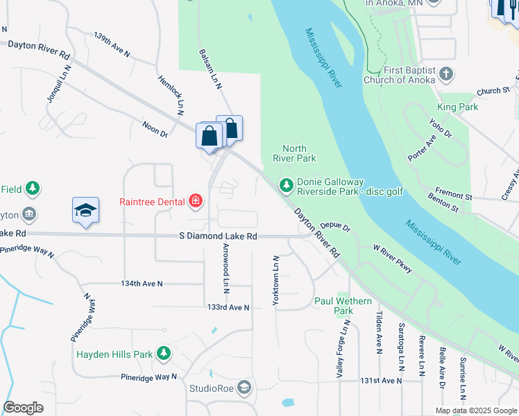 map of restaurants, bars, coffee shops, grocery stores, and more near 1329 South Diamond Lake Road in Champlin