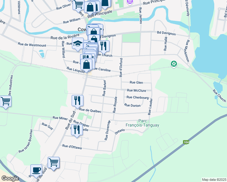 map of restaurants, bars, coffee shops, grocery stores, and more near 224 Rue Larocque in Cowansville