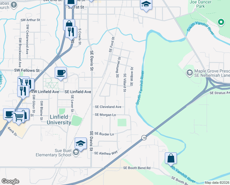 map of restaurants, bars, coffee shops, grocery stores, and more near 725 Southeast Cleveland Avenue in McMinnville