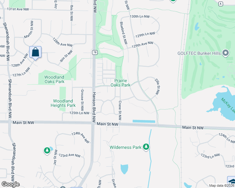 map of restaurants, bars, coffee shops, grocery stores, and more near 1450 126th Lane Northwest in Minneapolis