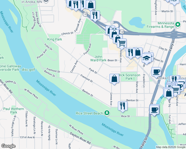 map of restaurants, bars, coffee shops, grocery stores, and more near 725 Fremont Street in Anoka
