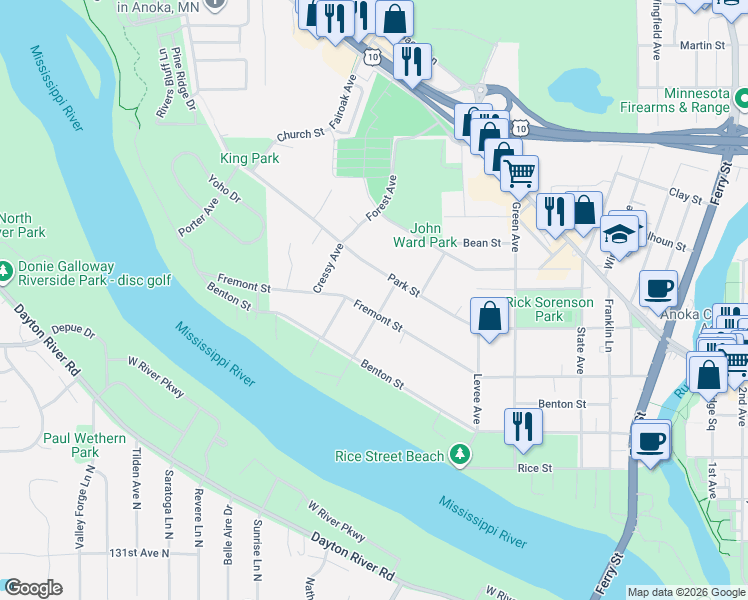 map of restaurants, bars, coffee shops, grocery stores, and more near 754 Fremont Street in Anoka