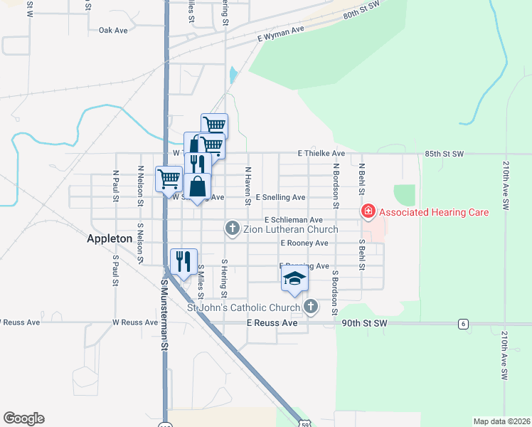 map of restaurants, bars, coffee shops, grocery stores, and more near 150 East Schlieman Avenue in Appleton