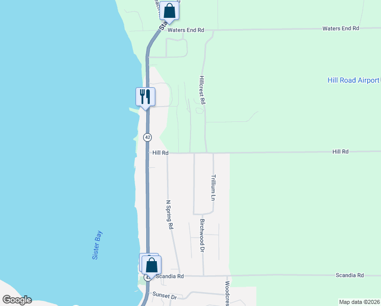 map of restaurants, bars, coffee shops, grocery stores, and more near 10889 Birchwood Drive in Sister Bay