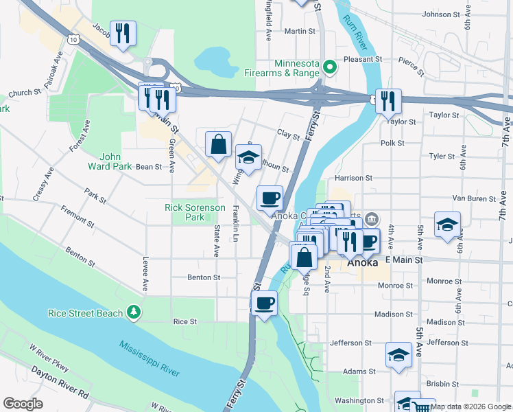 map of restaurants, bars, coffee shops, grocery stores, and more near 2005 Branch Avenue in Anoka