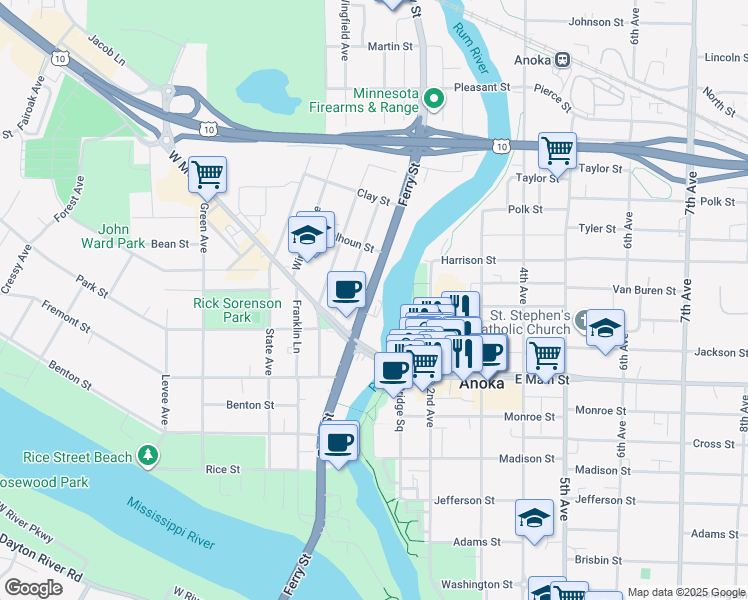 map of restaurants, bars, coffee shops, grocery stores, and more near 2022 North Ferry Street in Anoka