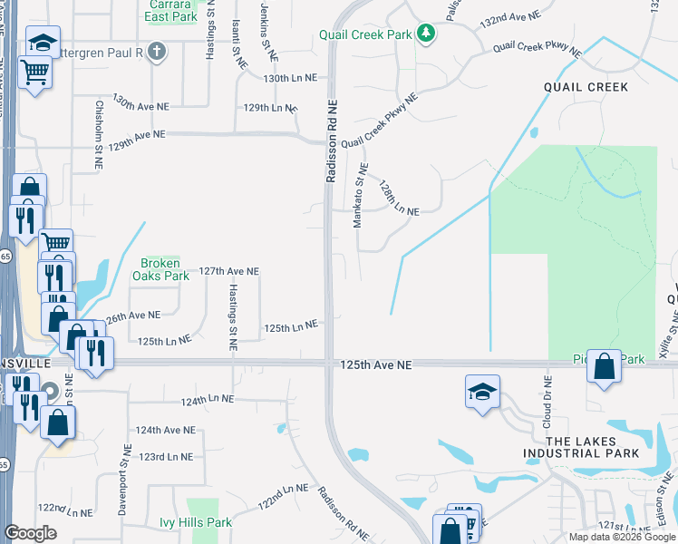 map of restaurants, bars, coffee shops, grocery stores, and more near 12664 Mankato Street Northeast in Blaine