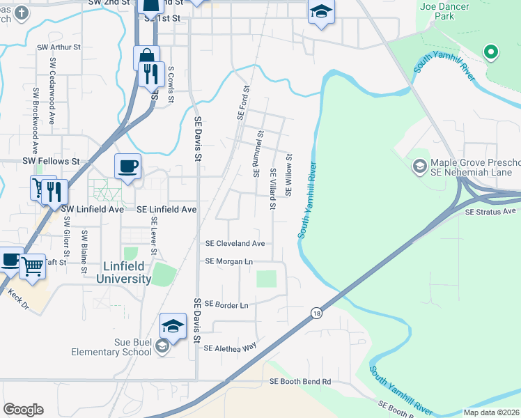 map of restaurants, bars, coffee shops, grocery stores, and more near 1043 Southeast Rummel Street in McMinnville