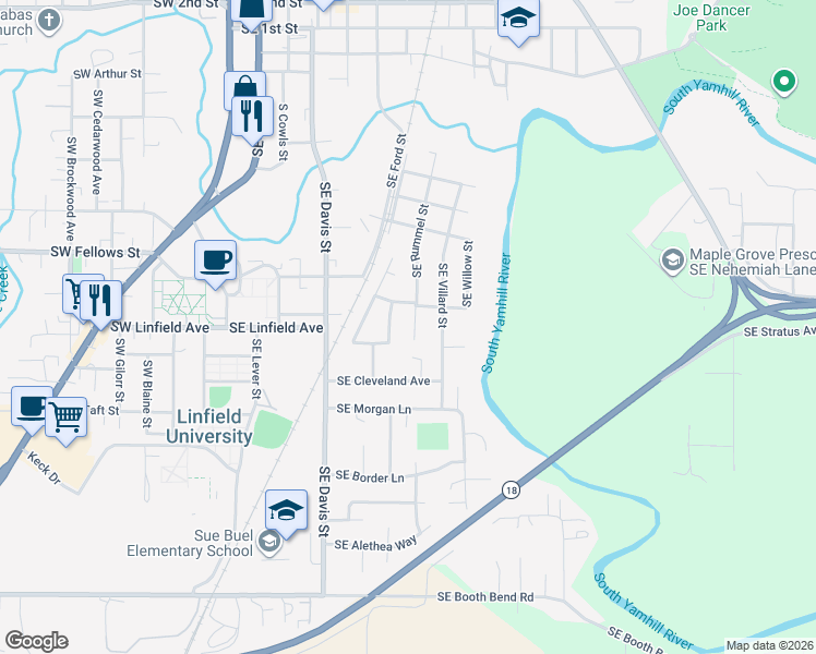 map of restaurants, bars, coffee shops, grocery stores, and more near 1043 Southeast Rummel Street in McMinnville