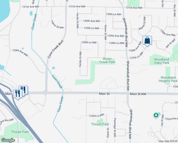map of restaurants, bars, coffee shops, grocery stores, and more near 12708 Uplander Street Northwest in Minneapolis