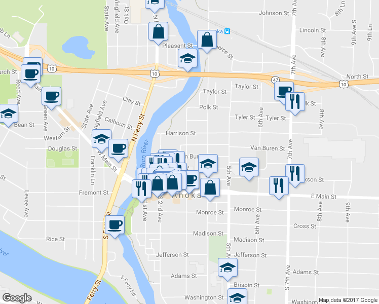 map of restaurants, bars, coffee shops, grocery stores, and more near 303 Van Buren Street in Anoka