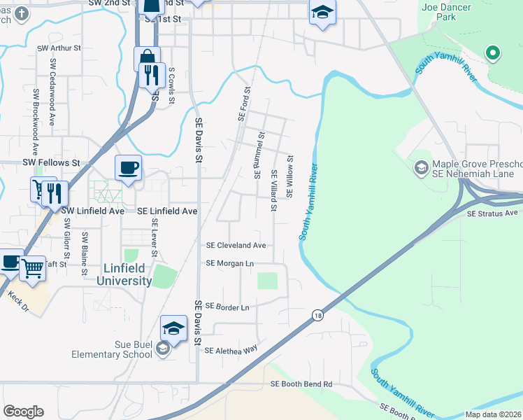 map of restaurants, bars, coffee shops, grocery stores, and more near 1043 Southeast Rummel Street in McMinnville