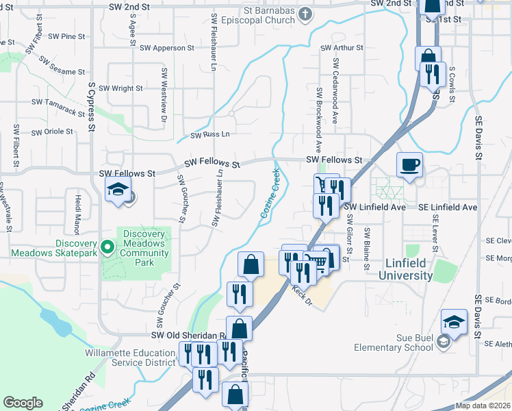 map of restaurants, bars, coffee shops, grocery stores, and more near 1149 Southwest Tall Oaks Court in McMinnville