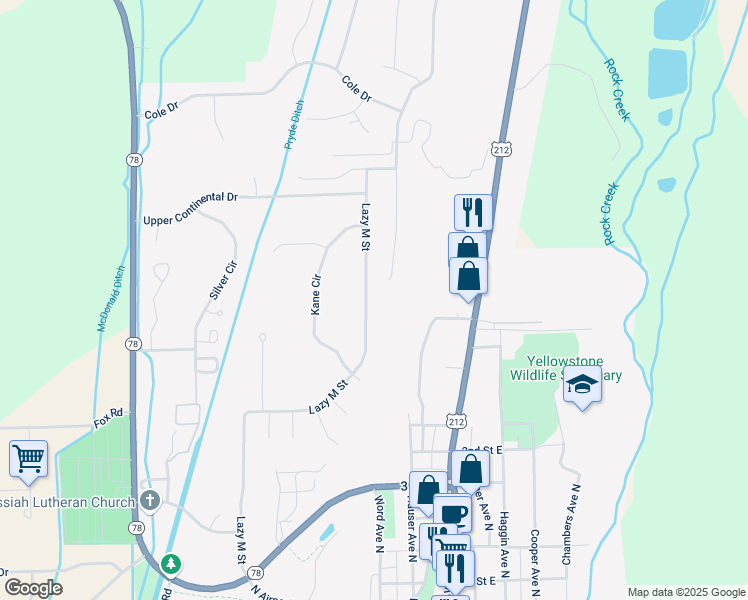 map of restaurants, bars, coffee shops, grocery stores, and more near 1401 Pine Ridge Road in Red Lodge