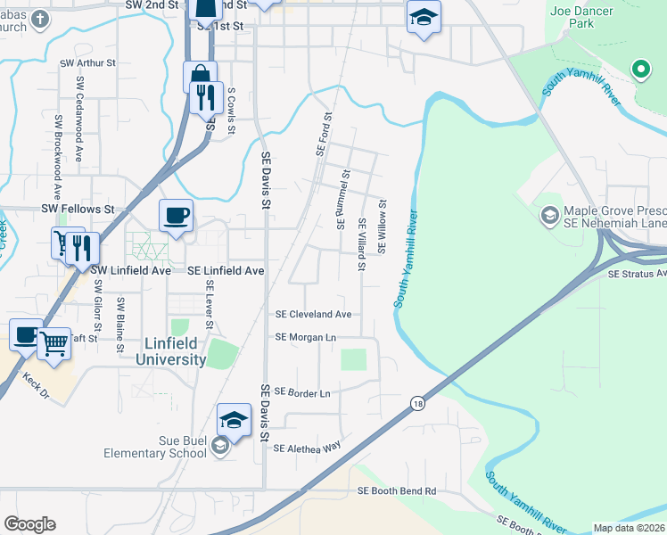 map of restaurants, bars, coffee shops, grocery stores, and more near 1043 Southeast Rummel Street in McMinnville