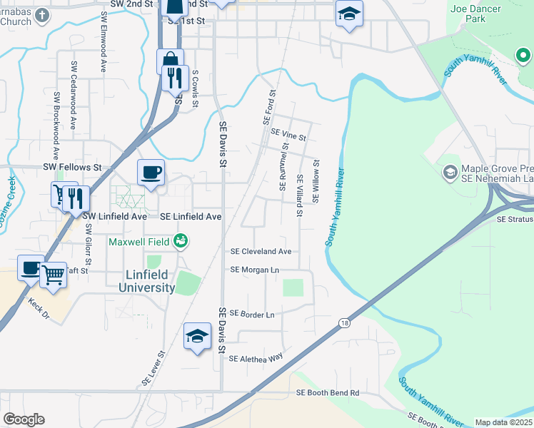 map of restaurants, bars, coffee shops, grocery stores, and more near 1043 Southeast Rummel Street in McMinnville