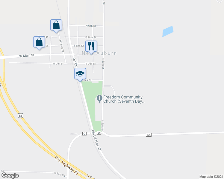 map of restaurants, bars, coffee shops, grocery stores, and more near 322 South East Street in New Auburn