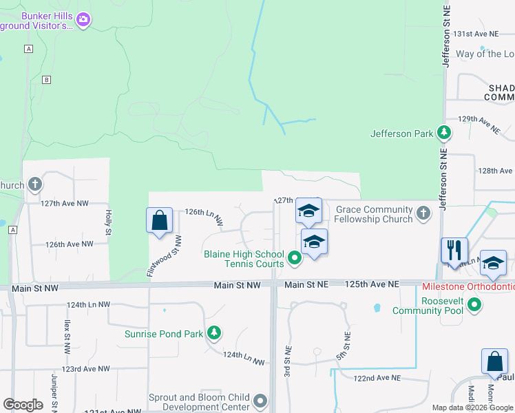 map of restaurants, bars, coffee shops, grocery stores, and more near 29 126th Lane Northwest in Minneapolis