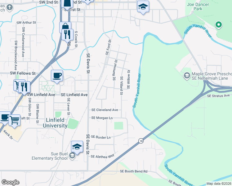 map of restaurants, bars, coffee shops, grocery stores, and more near 1043 Southeast Rummel Street in McMinnville