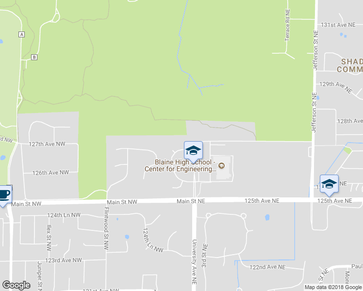 map of restaurants, bars, coffee shops, grocery stores, and more near 25 126th Lane Northwest in Coon Rapids