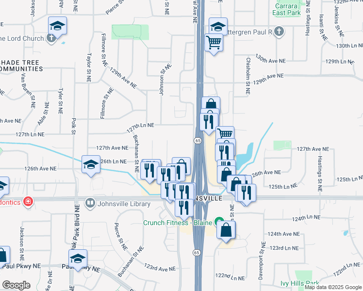 map of restaurants, bars, coffee shops, grocery stores, and more near 12724 Central Avenue Northeast in Minneapolis
