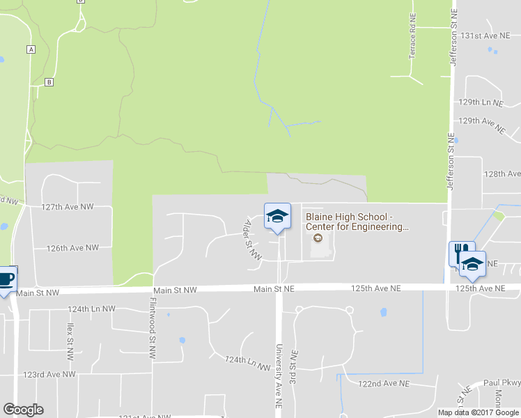 map of restaurants, bars, coffee shops, grocery stores, and more near 25 126th Lane Northwest in Coon Rapids
