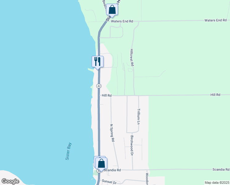 map of restaurants, bars, coffee shops, grocery stores, and more near 2276 Hill Road in Sister Bay