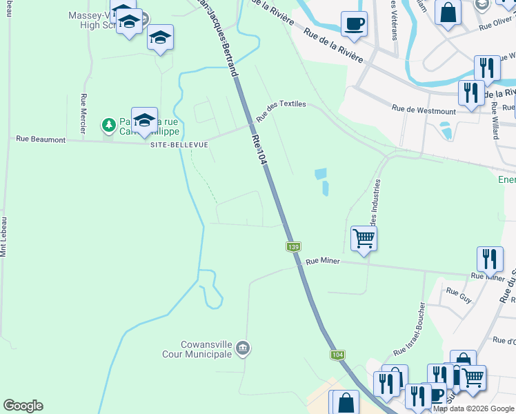 map of restaurants, bars, coffee shops, grocery stores, and more near 104 Rue des Bouleaux in Cowansville