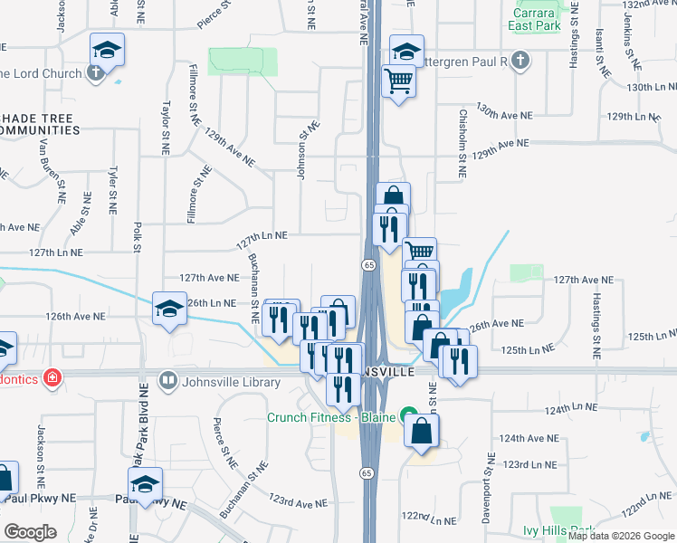 map of restaurants, bars, coffee shops, grocery stores, and more near 12724 Central Avenue Northeast in Minneapolis
