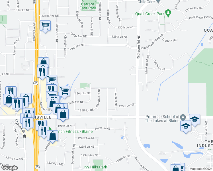 map of restaurants, bars, coffee shops, grocery stores, and more near 1819 127th Lane Northeast in Blaine