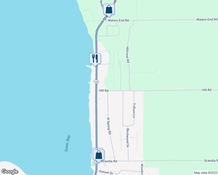 map of restaurants, bars, coffee shops, grocery stores, and more near 2276 Hill Rd in Sister Bay