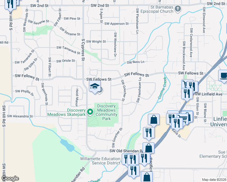 map of restaurants, bars, coffee shops, grocery stores, and more near 1115 Southwest Patricia Street in McMinnville