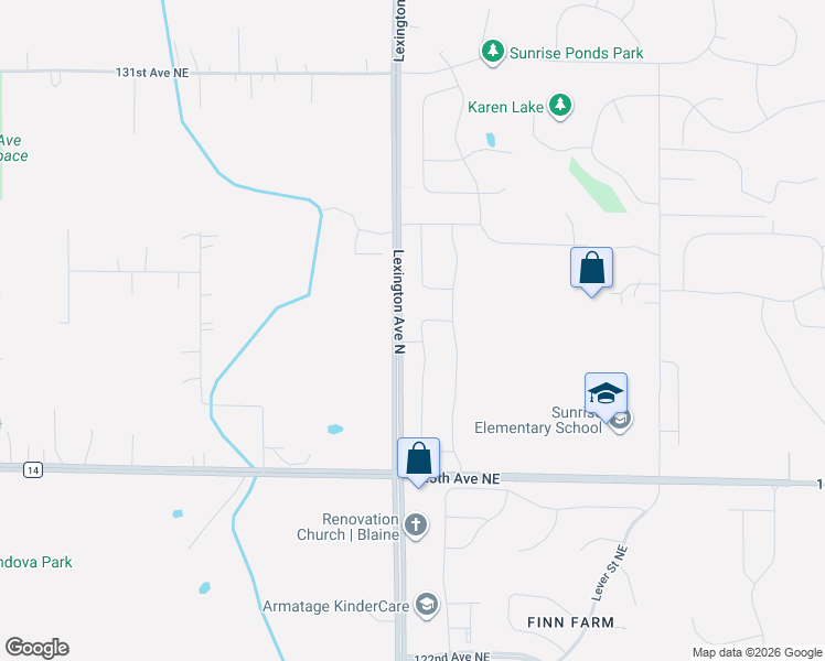 map of restaurants, bars, coffee shops, grocery stores, and more near 12649-12761 Lexington Ave NE in Blaine