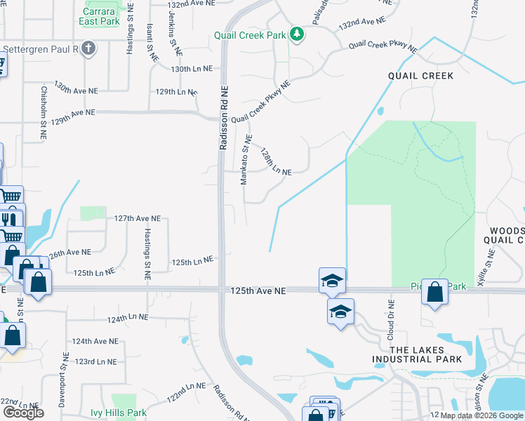 map of restaurants, bars, coffee shops, grocery stores, and more near 12711 Mankato Street Northeast in Blaine